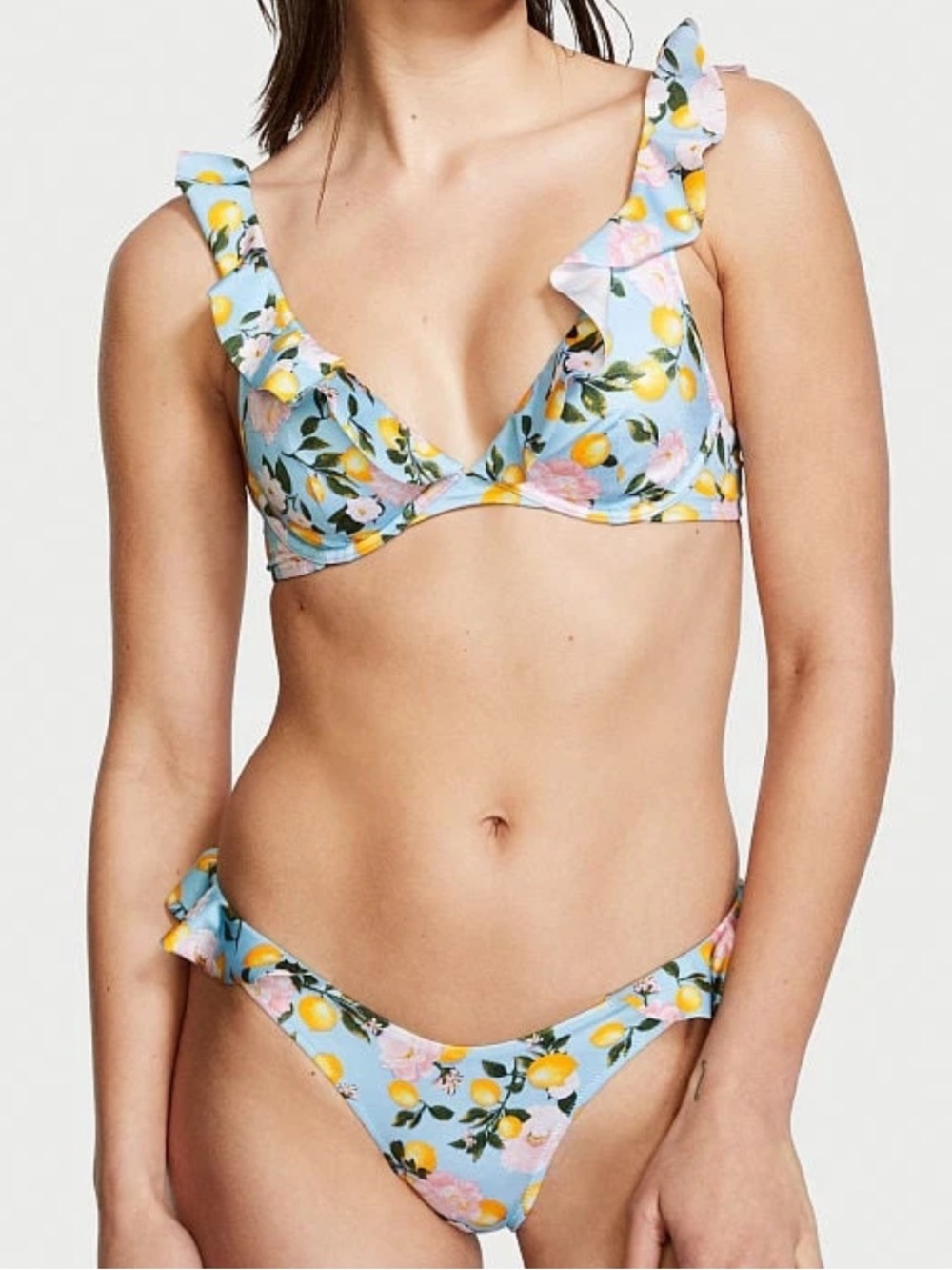 Victoria's Secret Light Blue Lemon & Floral Ruffle Bikini